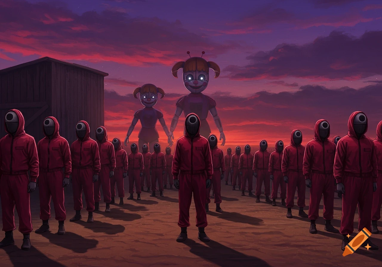 Red-suited guards from Squid Game stand in rows facing giant, glowing-eyed clown dolls under a dramatic purple and red sunset sky.