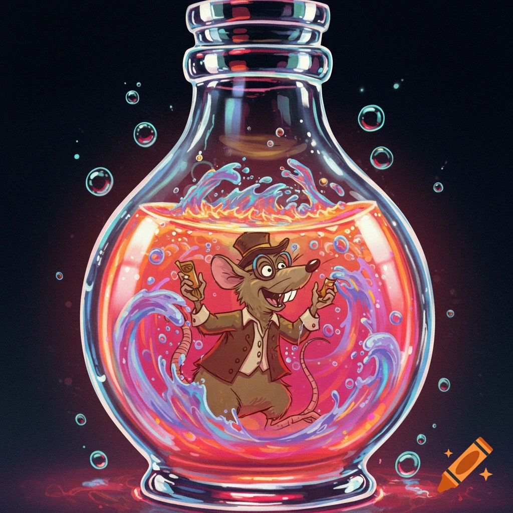 A cartoon rat wearing a top hat and suit, standing in colorful swirling liquid inside a glass bottle, holding gold bars.
