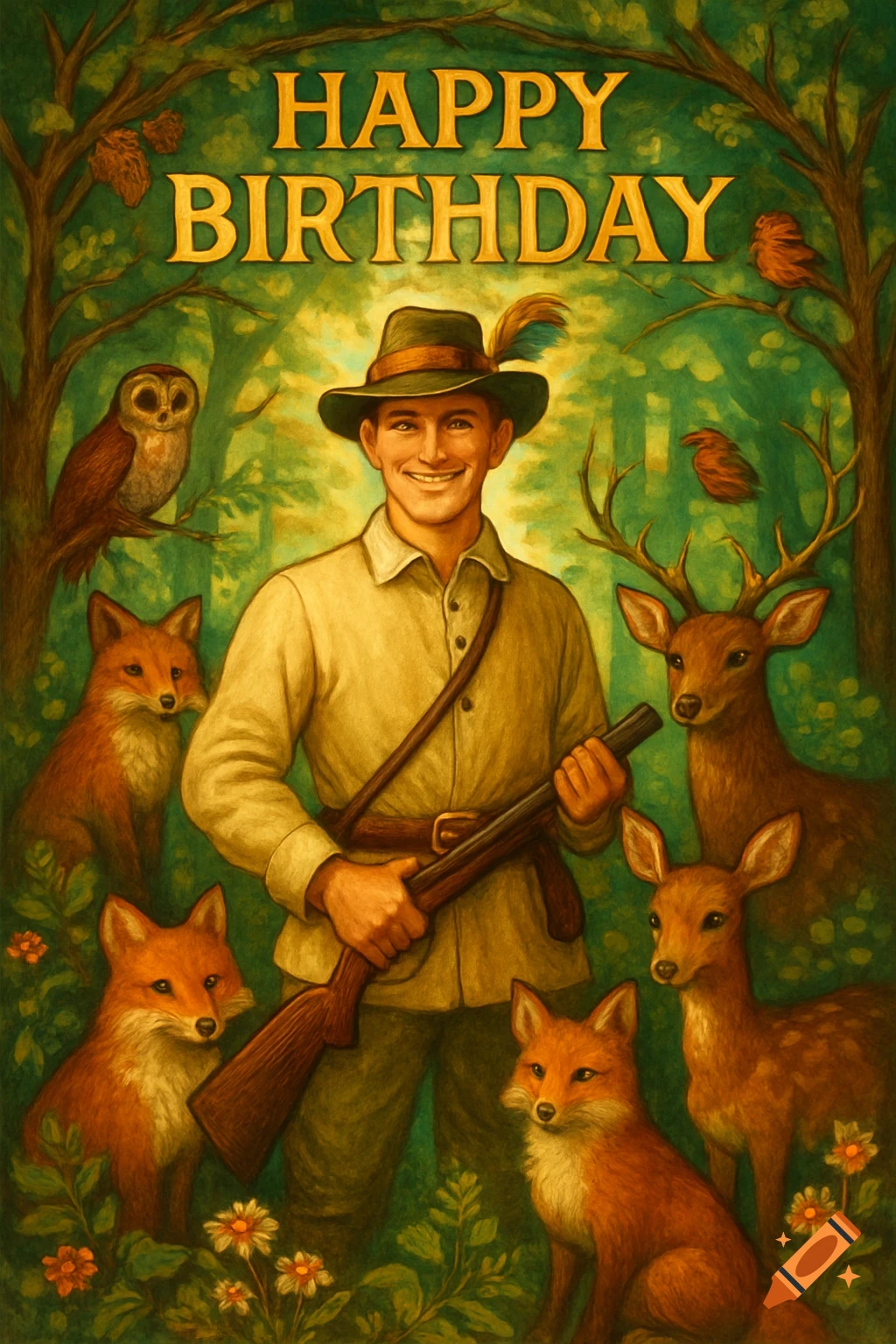 A smiling hunter holds a rifle in a forest, surrounded by foxes, deer, an owl, and birds, with 'HAPPY BIRTHDAY' at the top in an illustrative style.