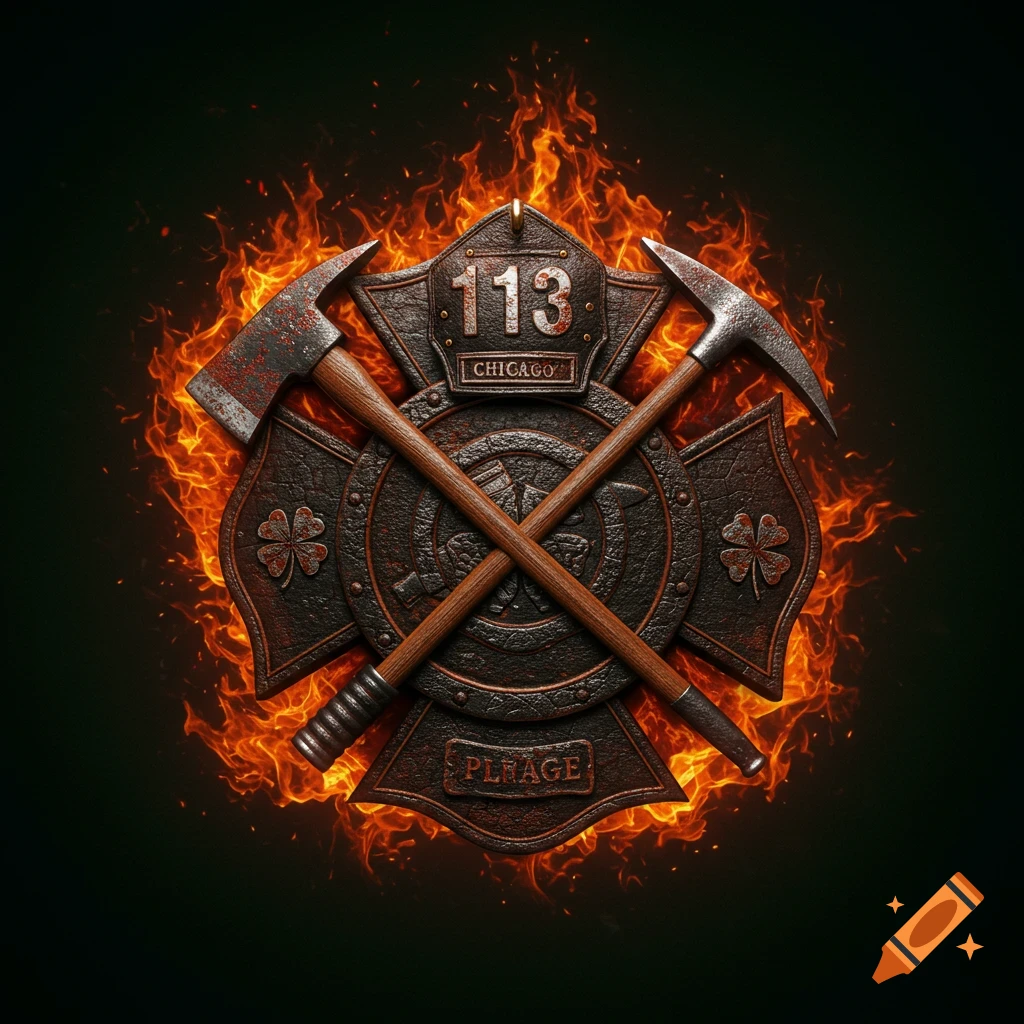 A detailed, fiery Chicago Fire Department Maltese cross emblem with crossed axe and pickaxe tools, shamrocks, and text "113" and "CHICAGO" on a dark background.