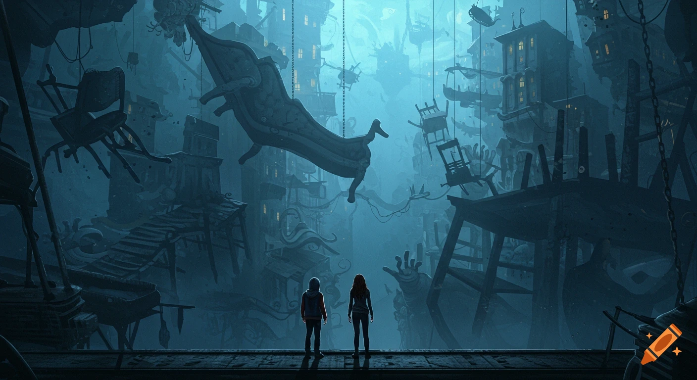 Two figures view a vast, dark, surreal cityscape with floating buildings and giant furniture in a gothic, blue-toned style.