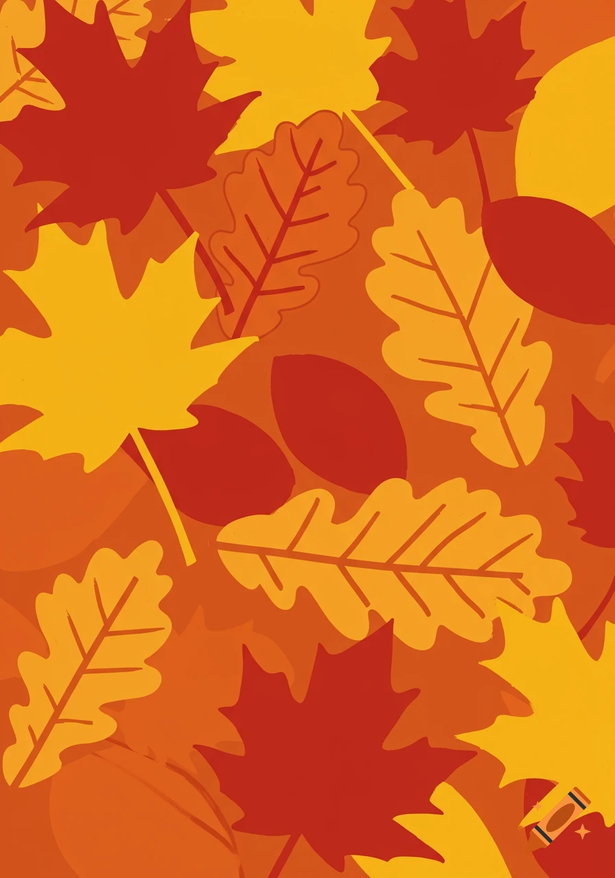 Seamless pattern of flat, simple red, orange, and yellow autumn leaves, reminiscent of MS Paint.