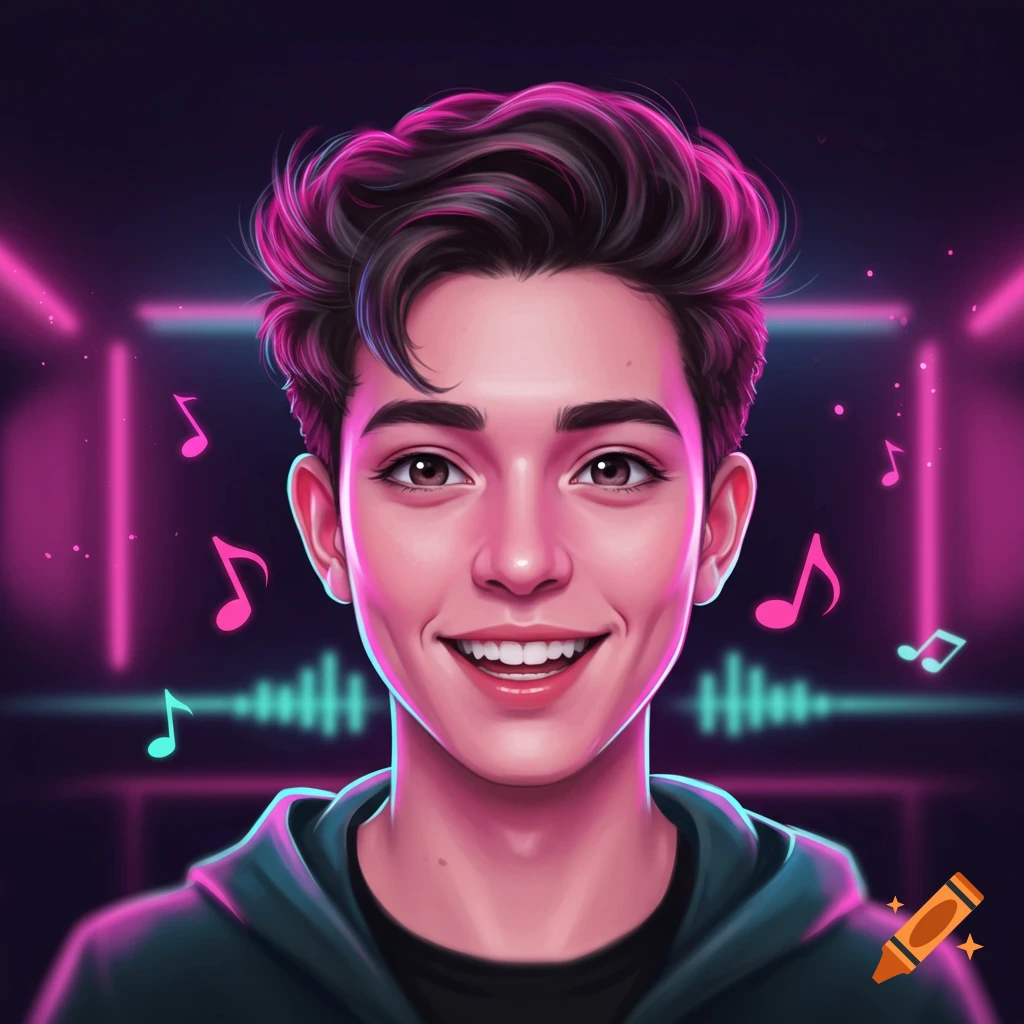 Vibrant digital art portrait of a smiling young man with dark hair, glowing pink and blue neon lights, musical notes, and sound waves in the background.