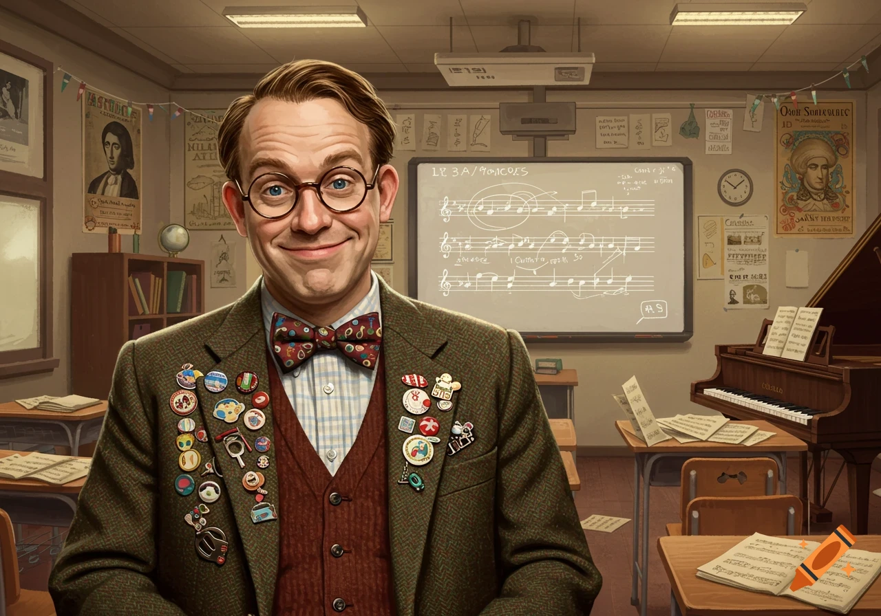 A nerdy music teacher in a plaid shirt, bow tie, and tweed jacket covered in pins smiles in a classroom with a whiteboard of musical notes and a piano.