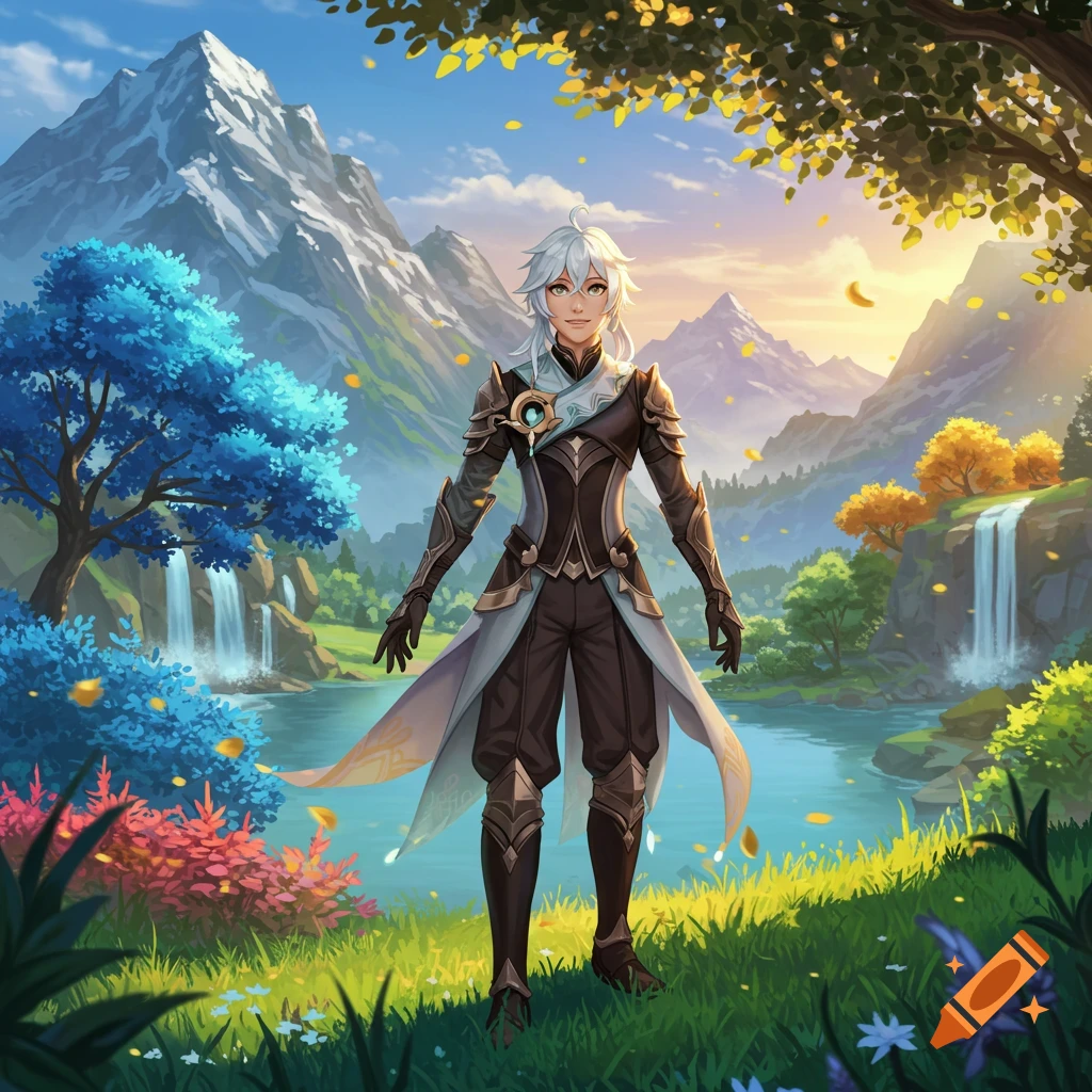 An anime-style male character with white hair and fantasy armor stands in a lush mountain landscape with waterfalls and colorful trees.