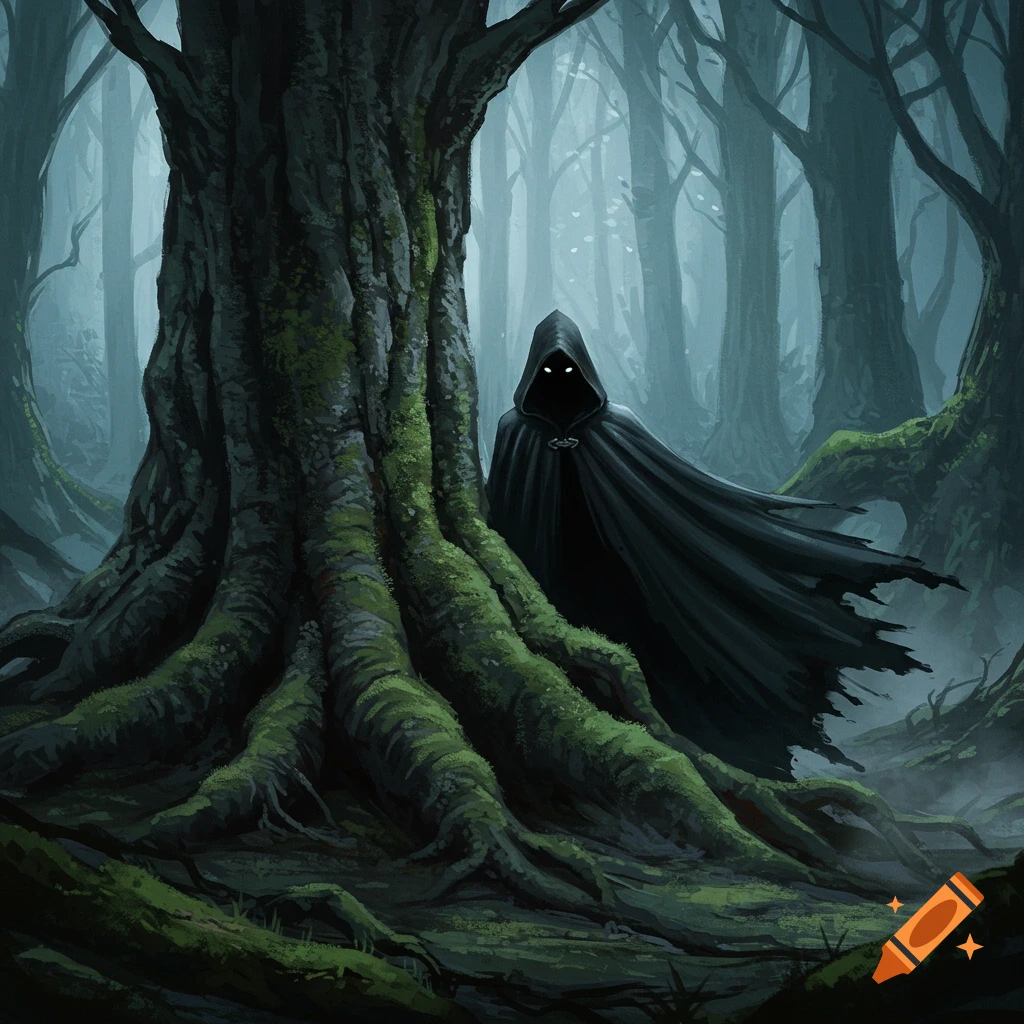 A cloaked, shadowy figure with glowing eyes peeks from behind a large, mossy tree in a dark, misty forest.