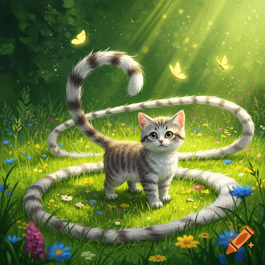 A cute grey and white tabby kitten with an extraordinarily long, striped tail sits in a vibrant green meadow filled with colorful wildflowers and glowing butterflies under dappled sunlight.