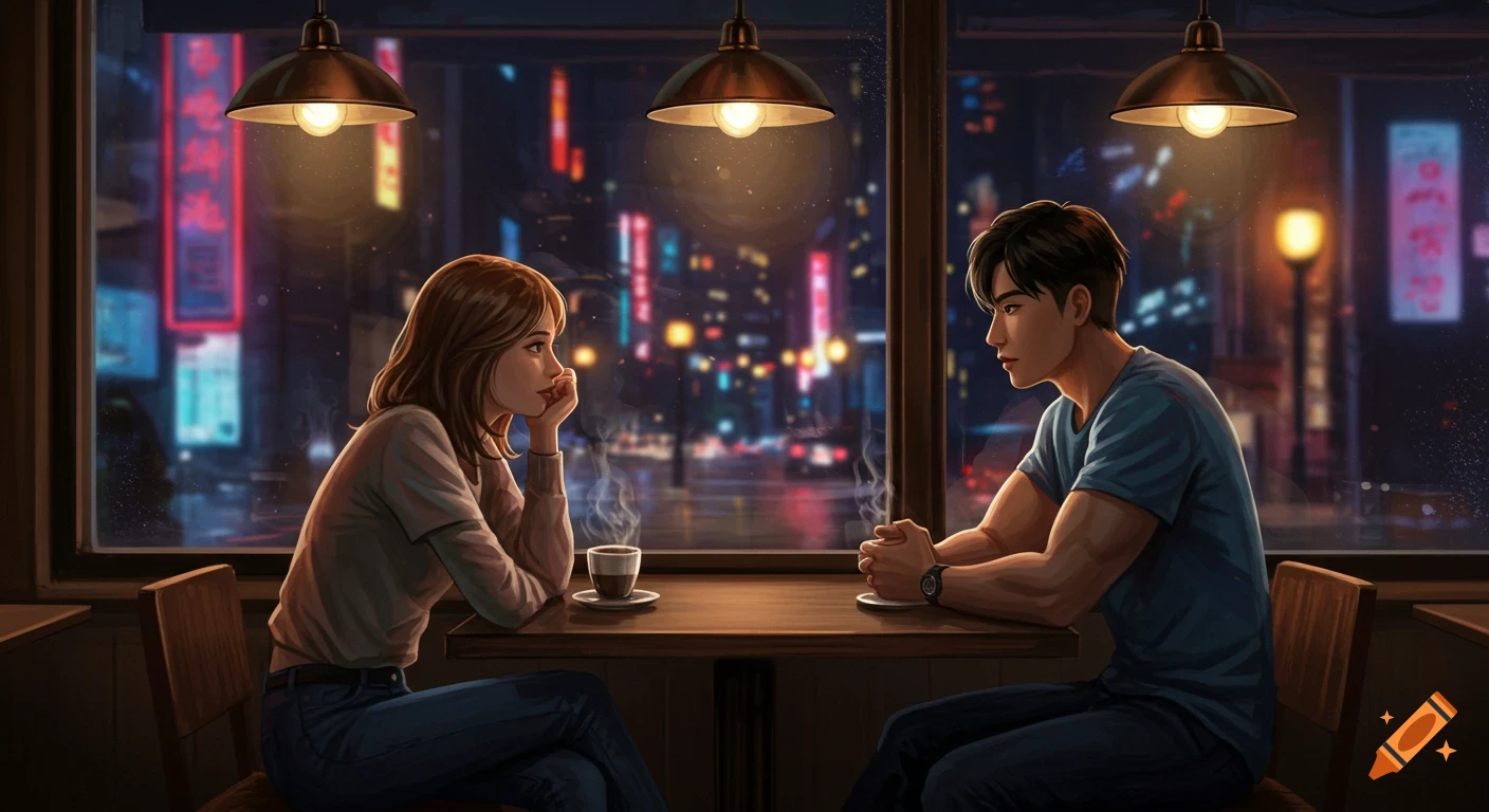 A stylized illustration of a man and a woman looking at each other across a coffee table in a cozy cafe at night, with city lights outside.