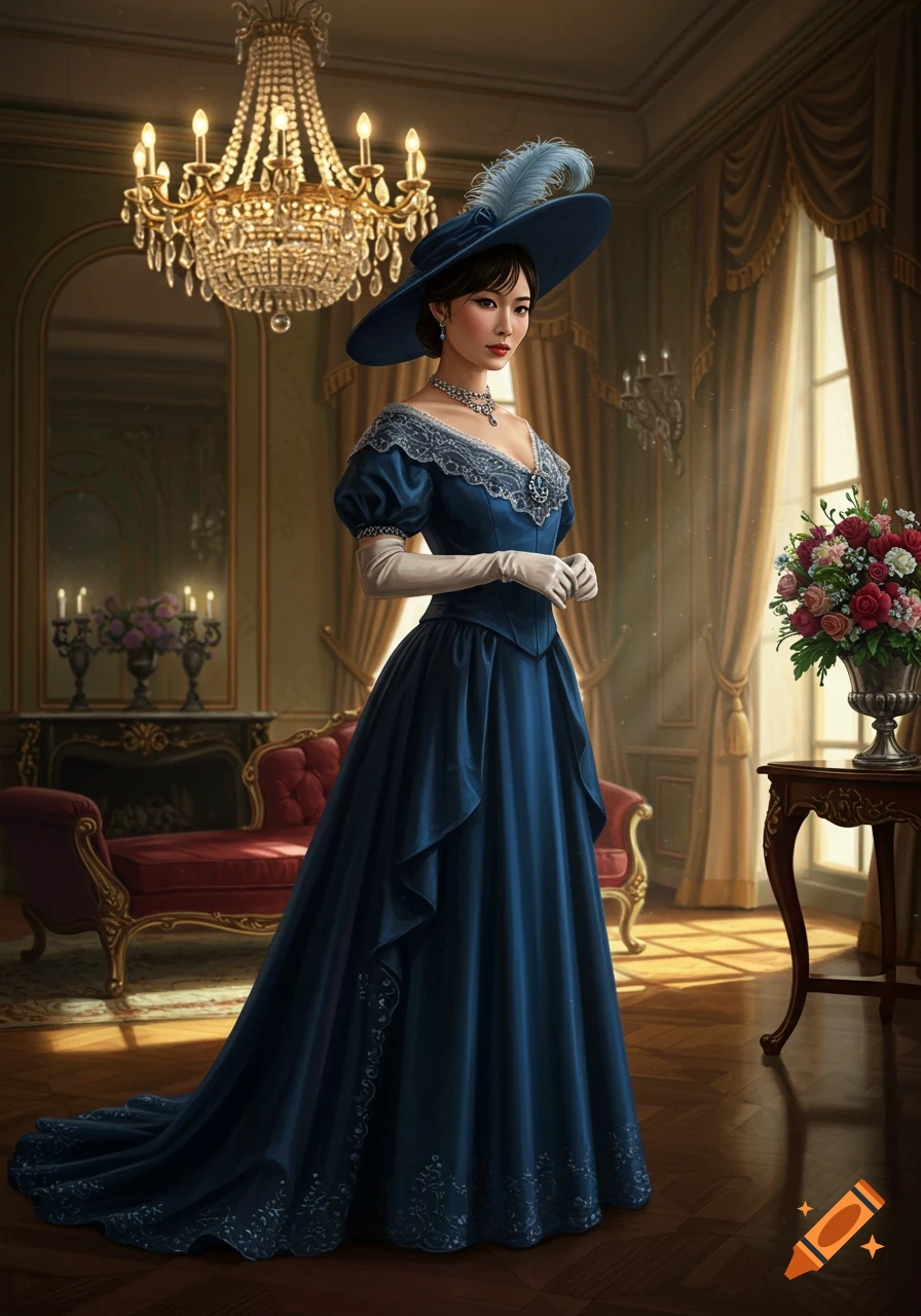 A painting of an aristocratic Japanese woman in a blue Western dress and a large hat, standing in an opulent room with a chandelier.