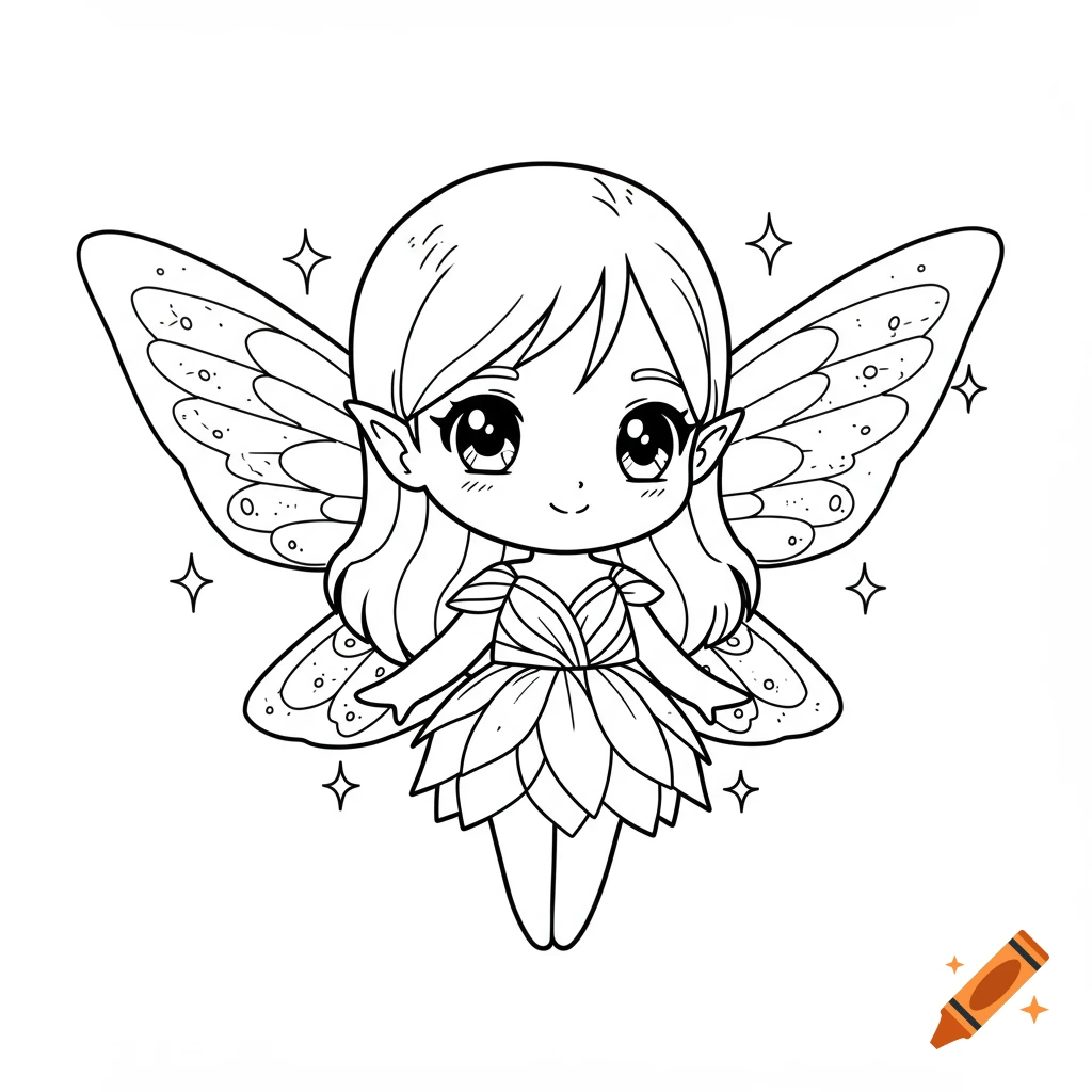 A kawaii-style line art drawing of a fairy with big anime eyes, wings, and small sparkles, on a plain white background.