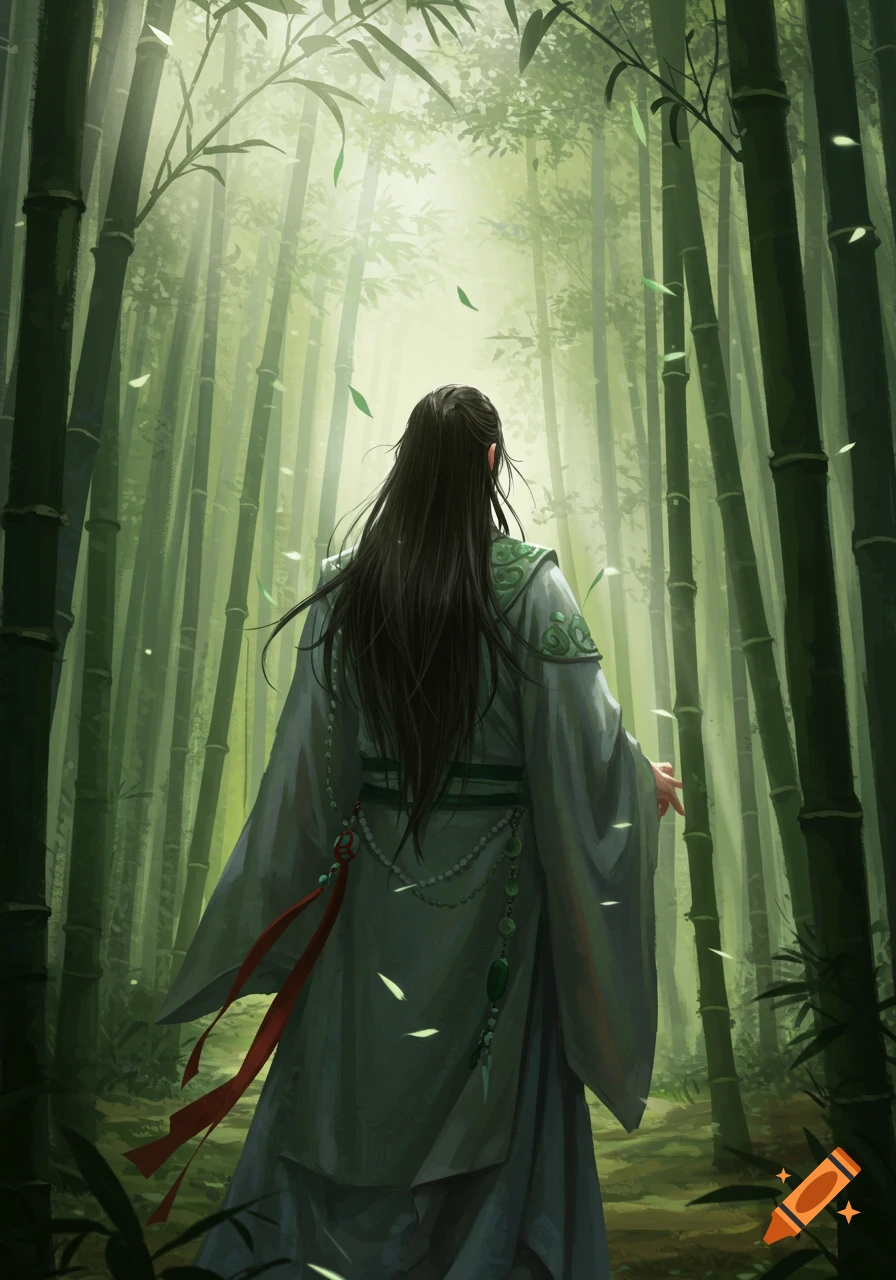 A long-haired person in traditional robes walks away from the viewer through a sunlit bamboo forest, digital art.