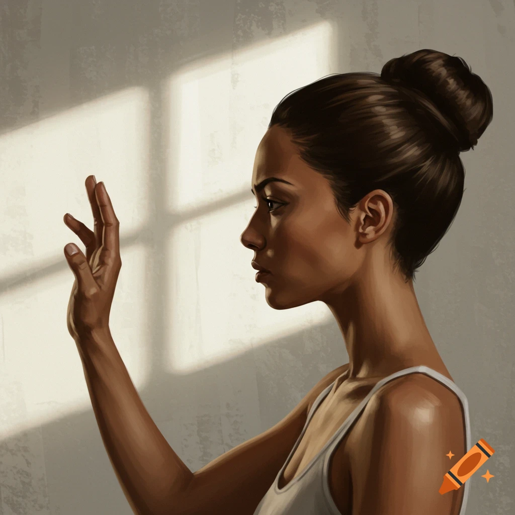 Digital painting of a woman in side profile, dark hair in a bun, wearing a white tank top, raising her right hand against a wall with window shadows.