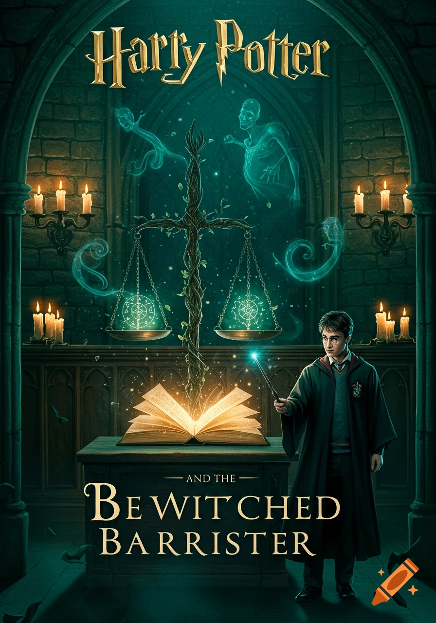 Harry Potter with a wand in a magical chamber, standing before a glowing book and a vine scale. Ghosts float around, with text 'Harry Potter and the Bewitched Barrister'.