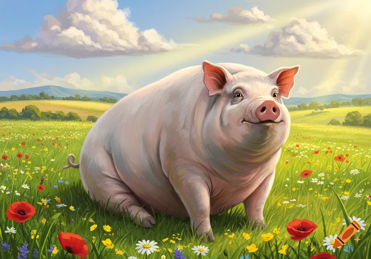 A smiling pig sitting in a vibrant green meadow filled with red poppies, white daisies, and other wildflowers under a sunny, cloudy sky.