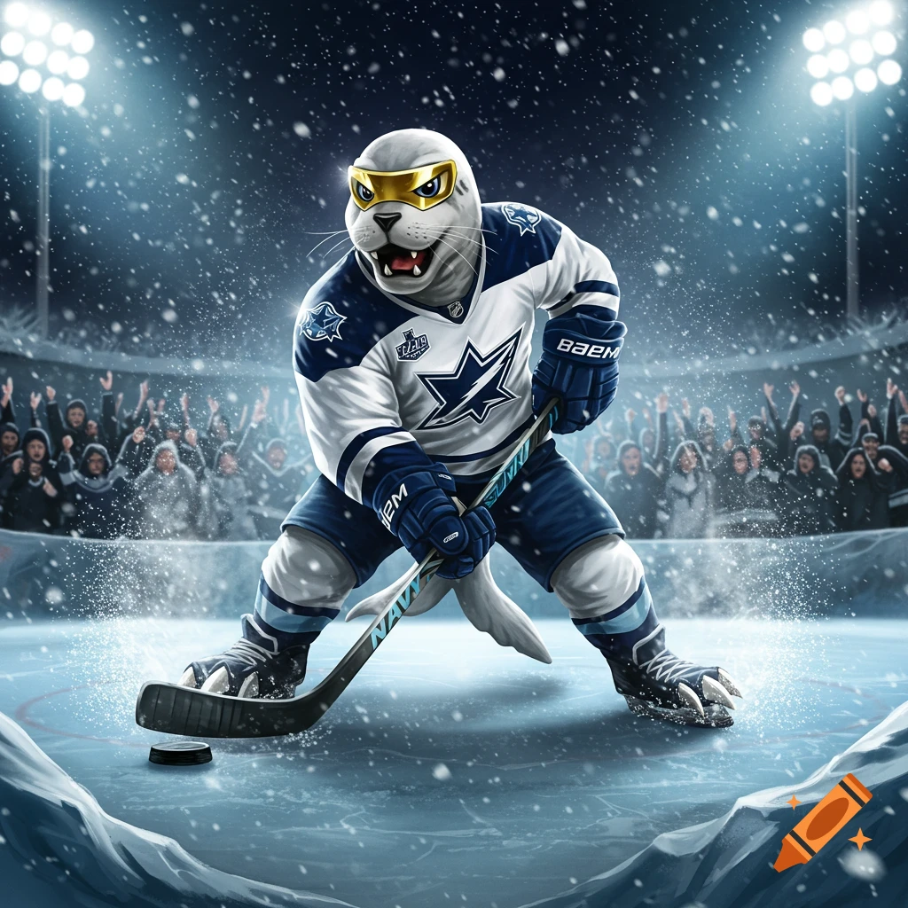 A cartoon seal in a hockey jersey and golden mask, holding a hockey stick on an ice rink, with a crowd and stadium lights.