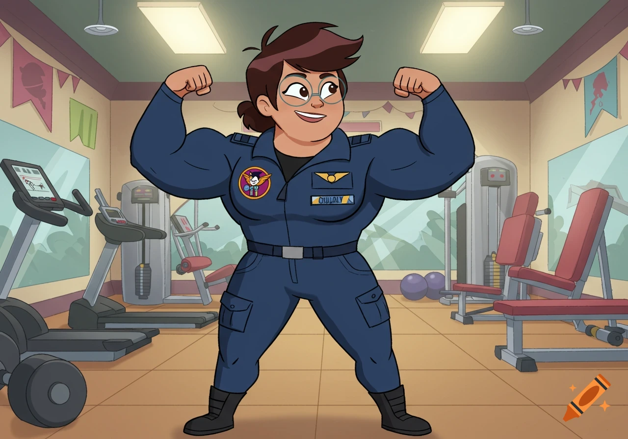 Cartoon military pilot woman in a blue uniform flexing her biceps in a gym.