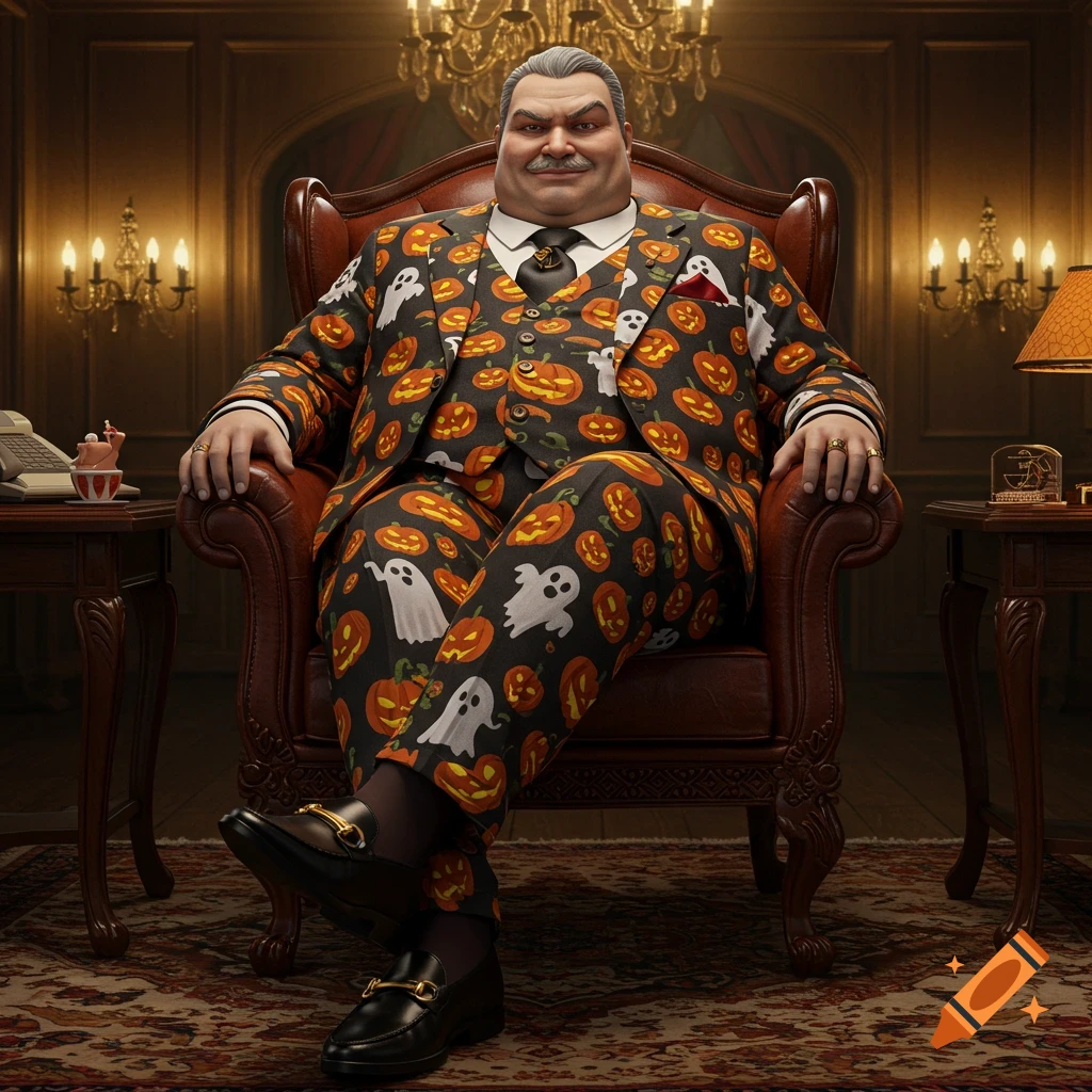 An obese mafia boss with a mustache sits in a leather armchair, wearing a black suit patterned with orange pumpkins and white ghosts in a luxurious room.