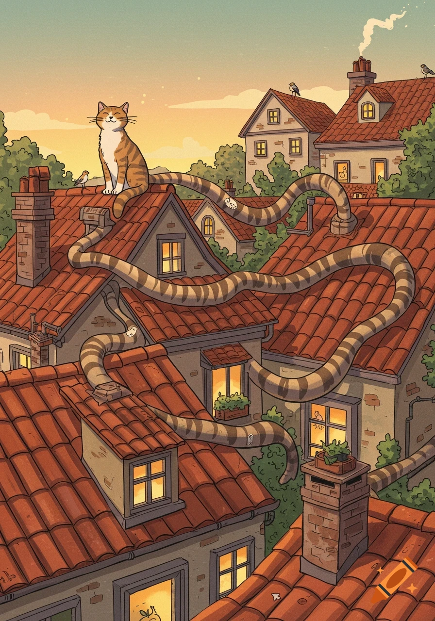 A cartoon cat with a long, striped tail winds across rooftops in a whimsical neighborhood under an evening sky.