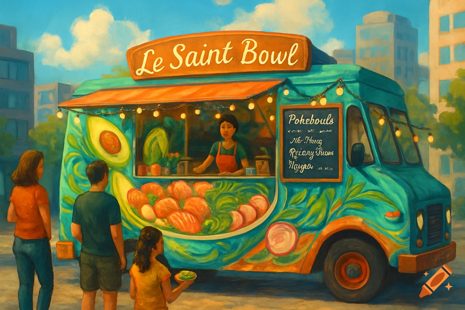 An oil painting of a vibrant teal food truck named "Le Saint Bowl" selling poke bowls, with a vendor and customers, against a city backdrop.