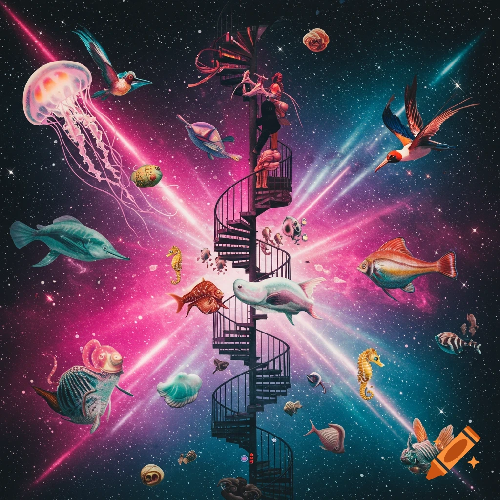 Surreal cosmic scene with marine life, birds, and a figure on a spiral staircase amidst pink and blue nebulae and stars.