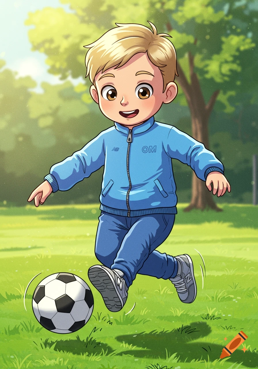 A cute cartoon boy with blonde hair and brown eyes, wearing a blue jacket and pants, playing soccer in a green park.