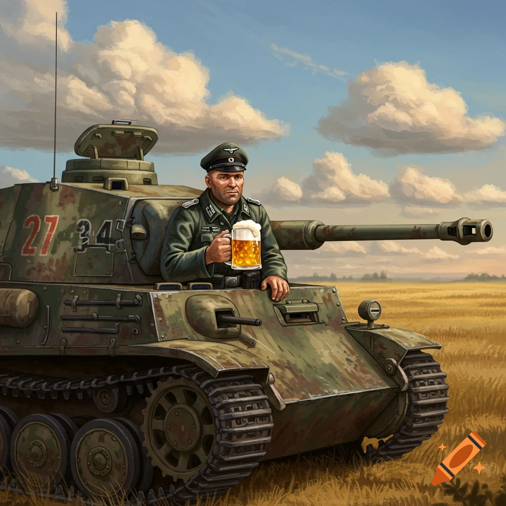 A soldier in a World War II-era tank, wearing a green uniform and cap, holds a frothy mug of beer in a field under a cloudy sky.