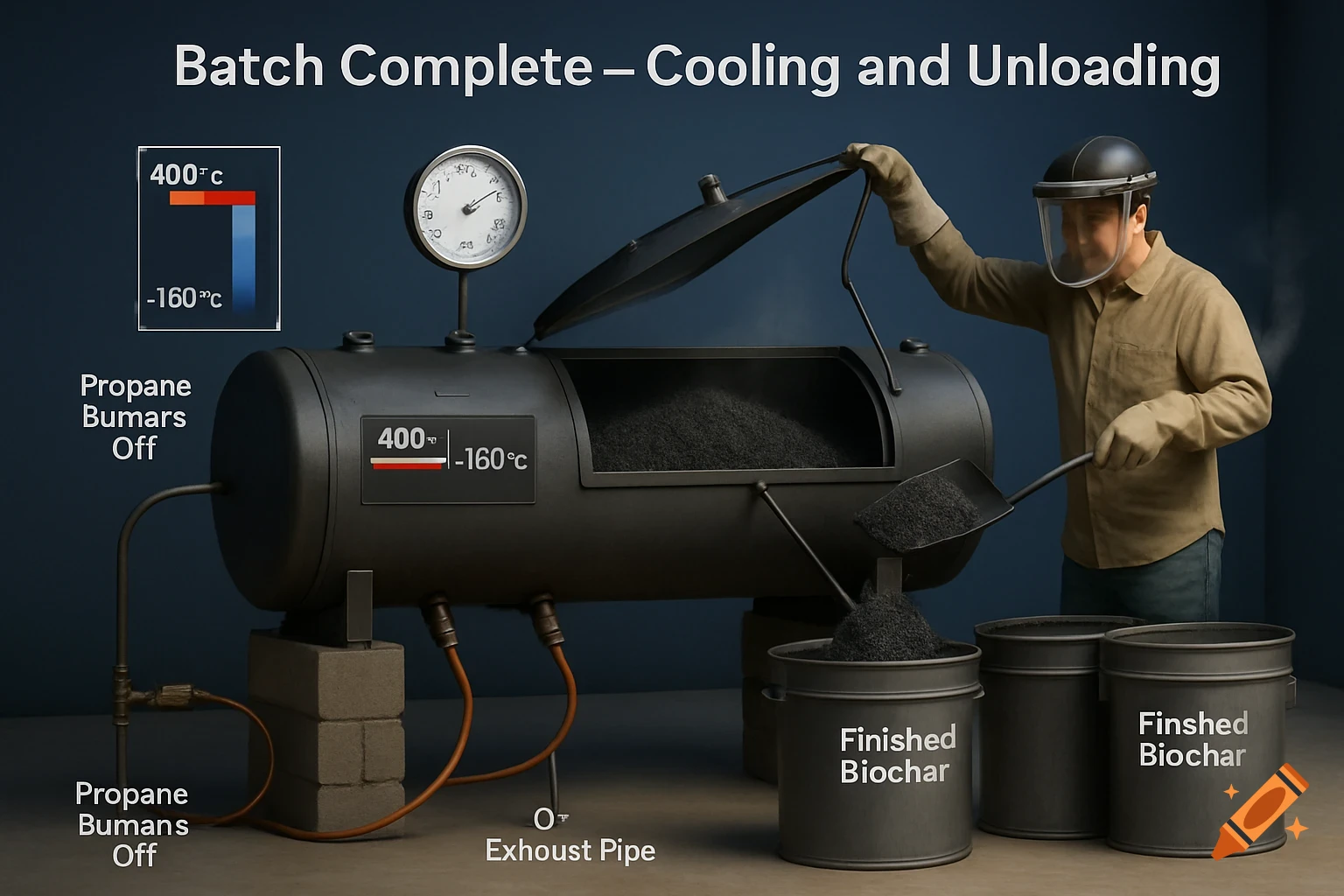 An instructional diagram shows a person in a face shield and gloves unloading biochar from a horizontal retort kiln into bins. Labels indicate cooling and finished product.