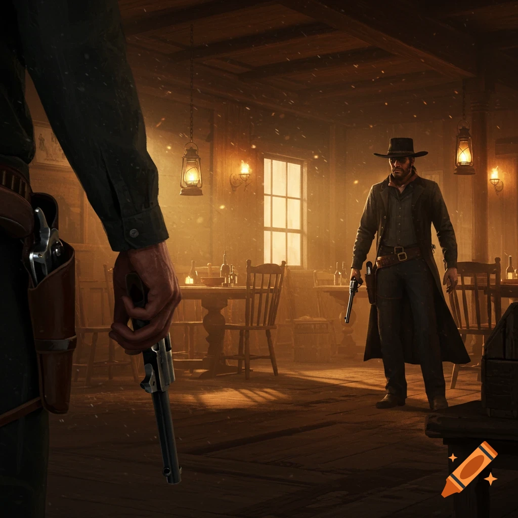 Photorealistic image of a tense Western saloon stand-off, viewed from behind a gunslinger holding a revolver, facing an opponent.