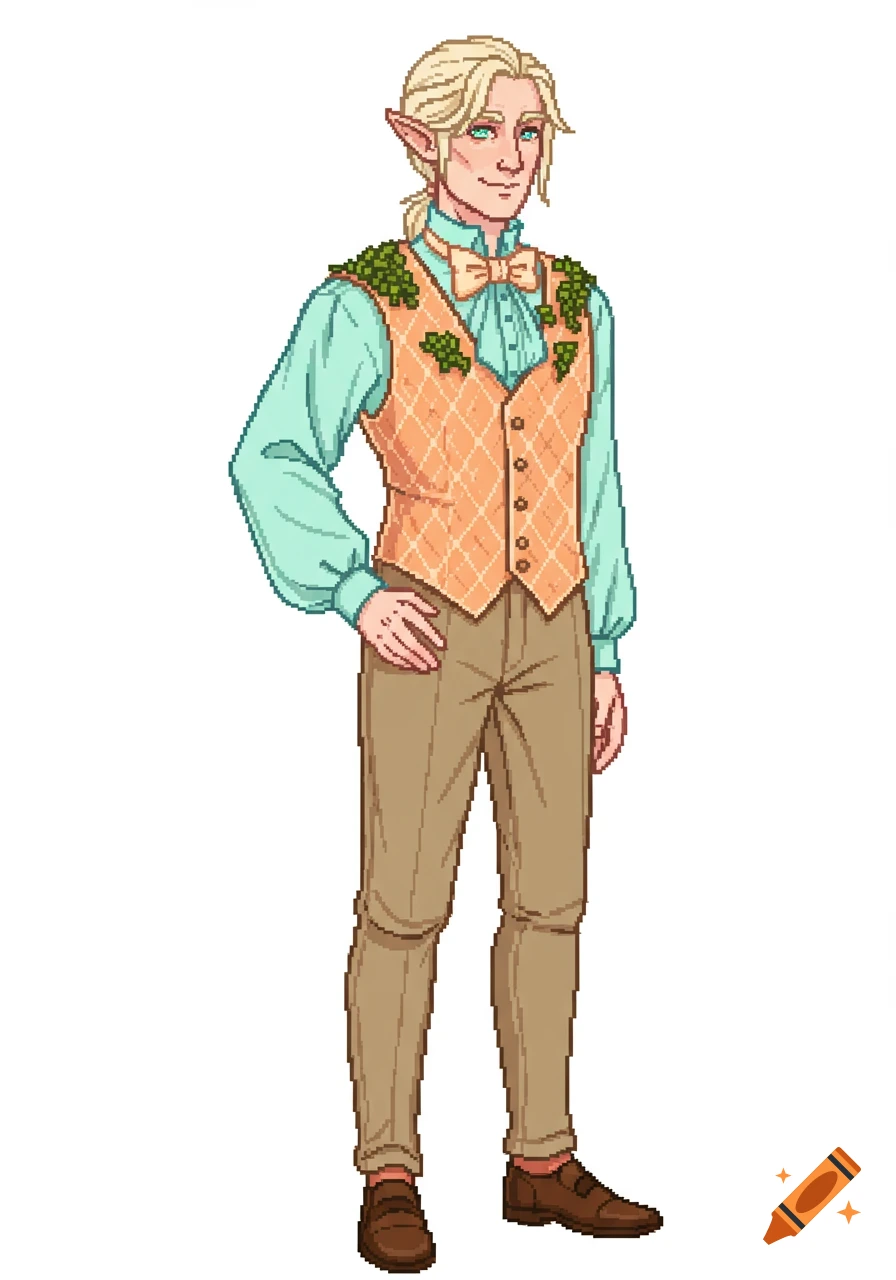 Pixel art full-body of a blonde male elf wearing an orange argyle vest with green foliage, mint shirt, and tan pants.
