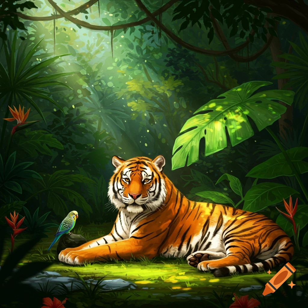 A vibrant illustration of an orange tiger lounging in a lush, sunlit jungle with a small green bird on a rock.
