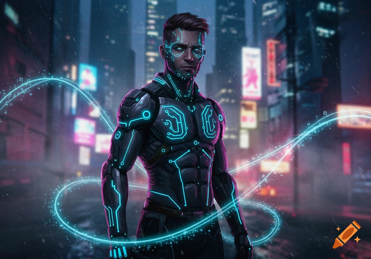 A man in a glowing black cyberpunk suit stands in a rainy futuristic city at night, with neon blue circuit patterns on his body.