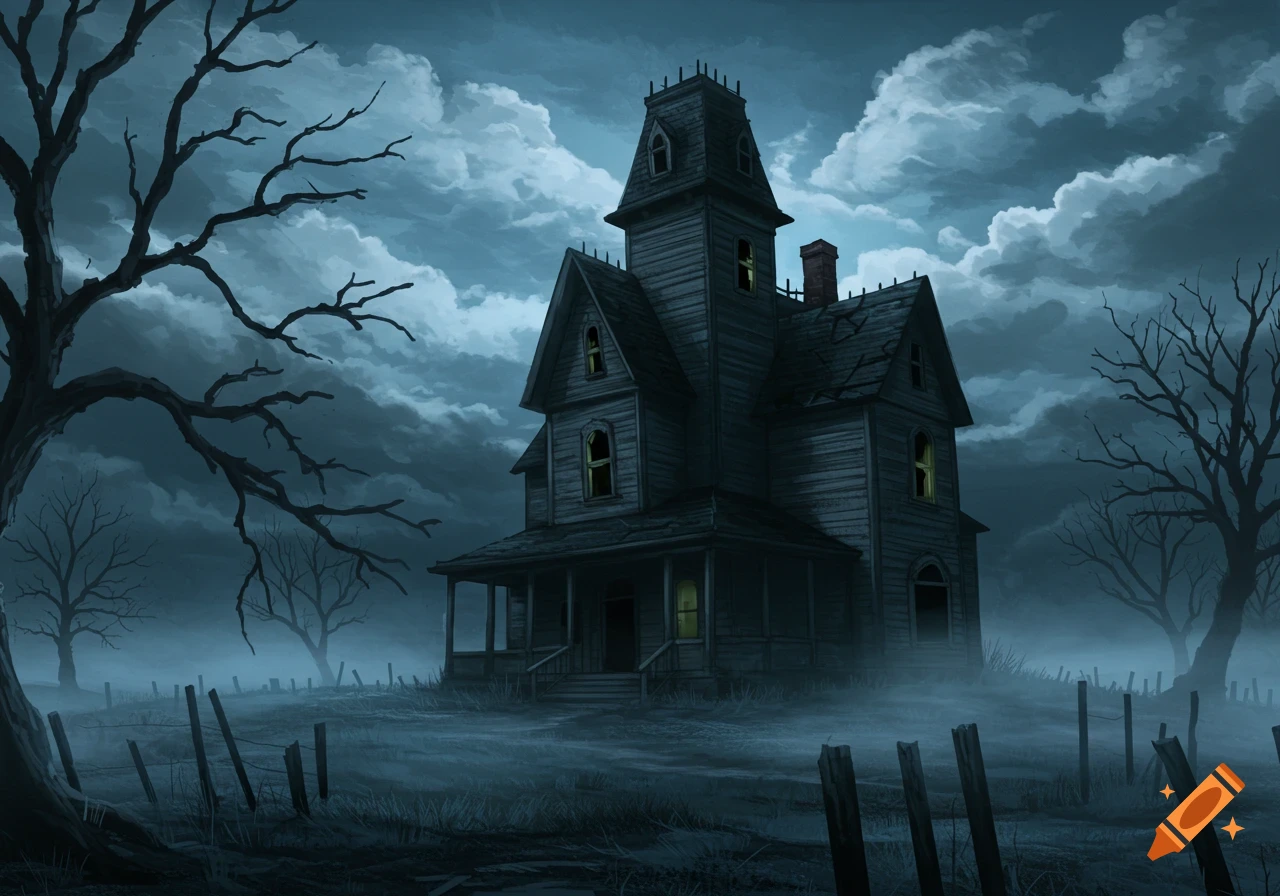 A spooky old mansion with bare trees and fog under a cloudy night sky.