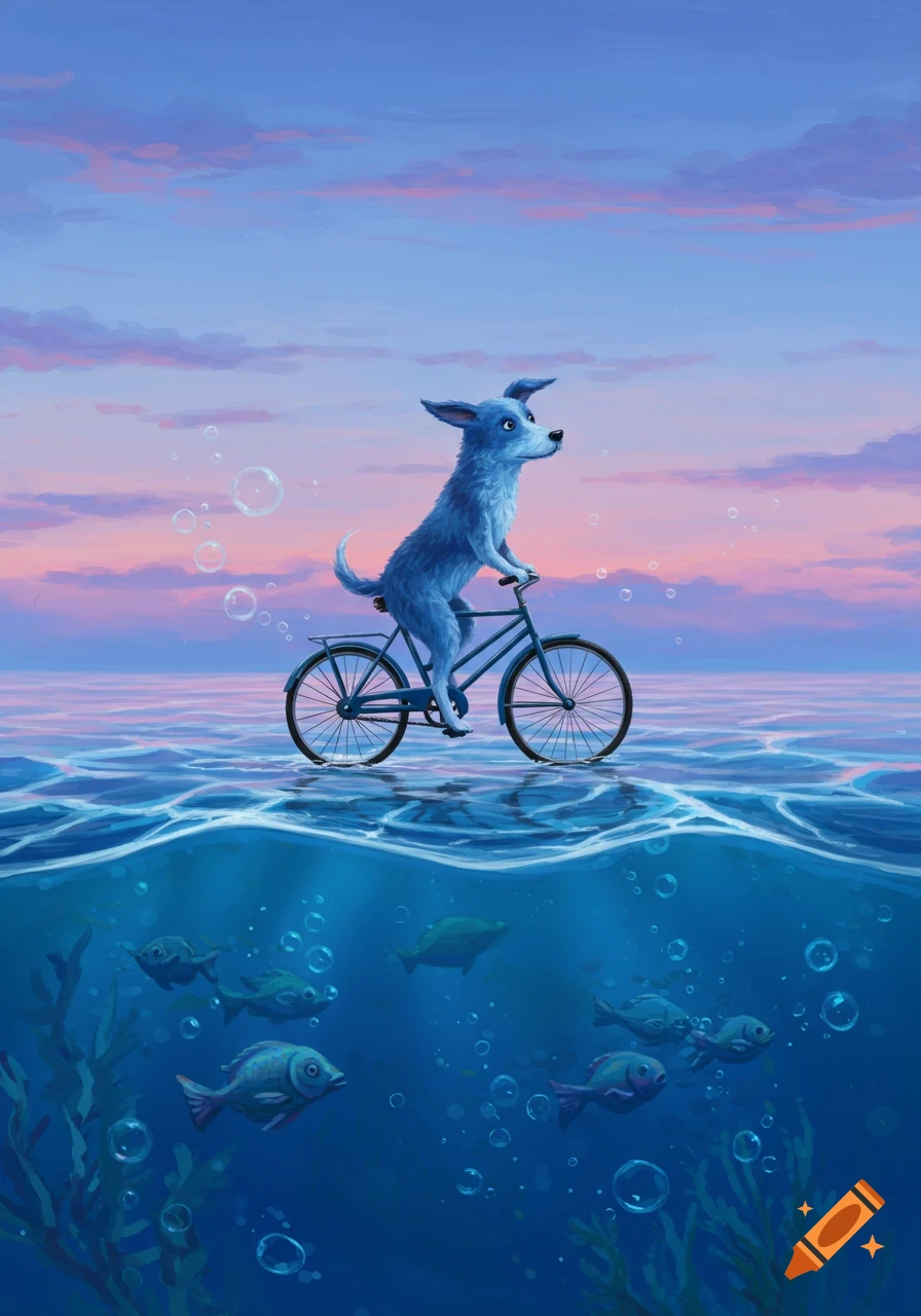 A blue oil painting dog riding a bike on the surface of a blue ocean, with fish and plants visible underwater, under a pink and blue sky.