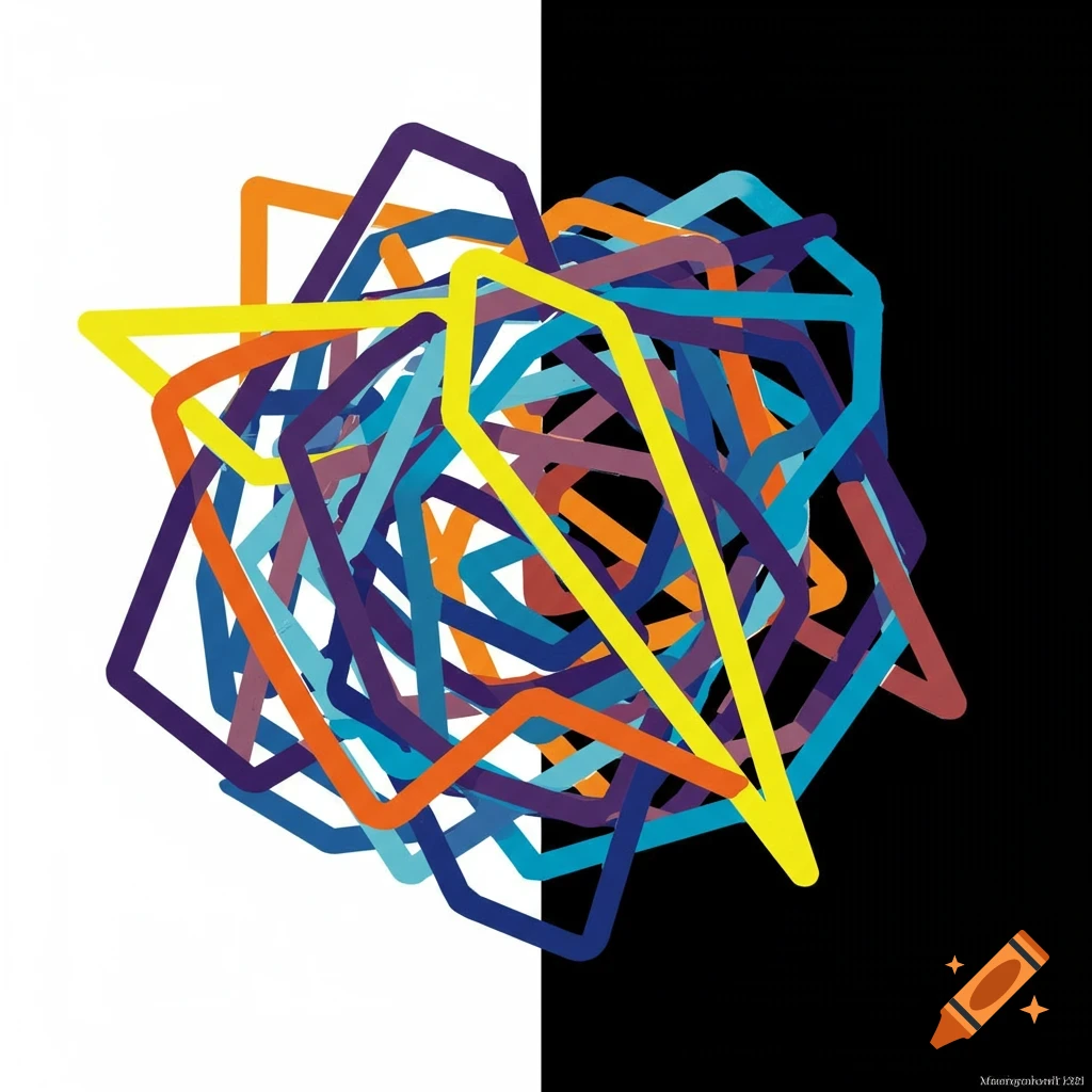 Abstract art with overlapping colorful geometric lines and shapes on a black and white split background.