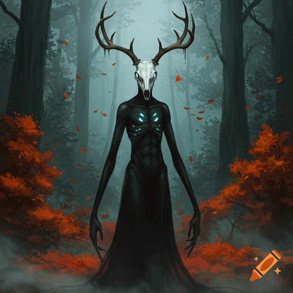 A dark, slender figure with a deer skull head and glowing blue chest stands in a misty autumn forest with red leaves.