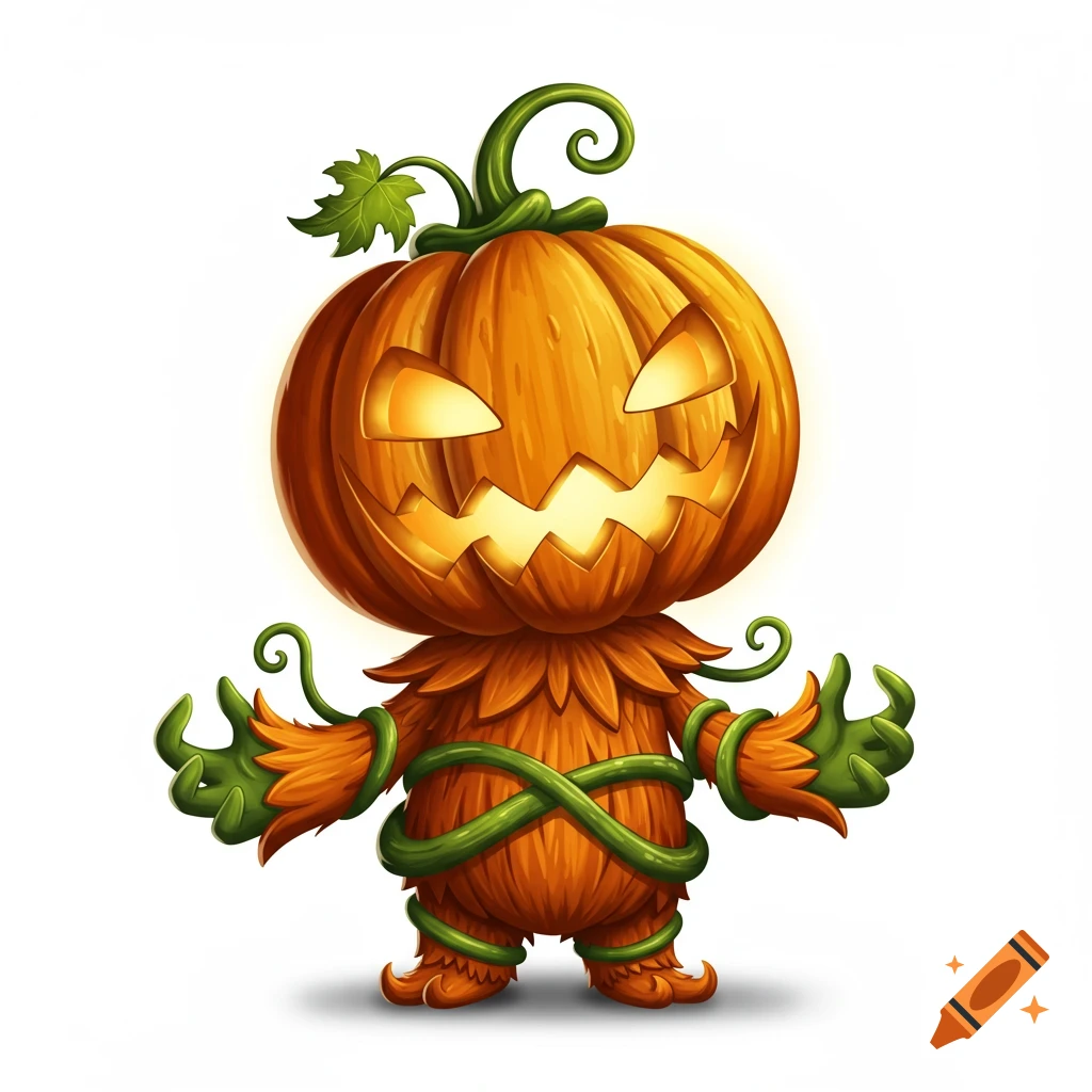 A cartoon glowing orange jack-o'-lantern monster with green vines and a spooky grin stands against a white background.