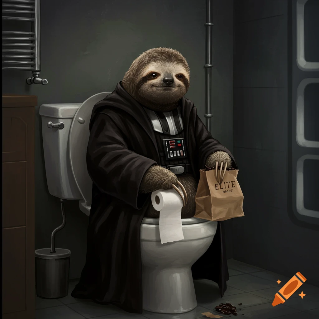 A smiling sloth dressed as Darth Vader sits on a toilet, holding a roll of toilet paper and a paper bag with dark lumps. Art style.