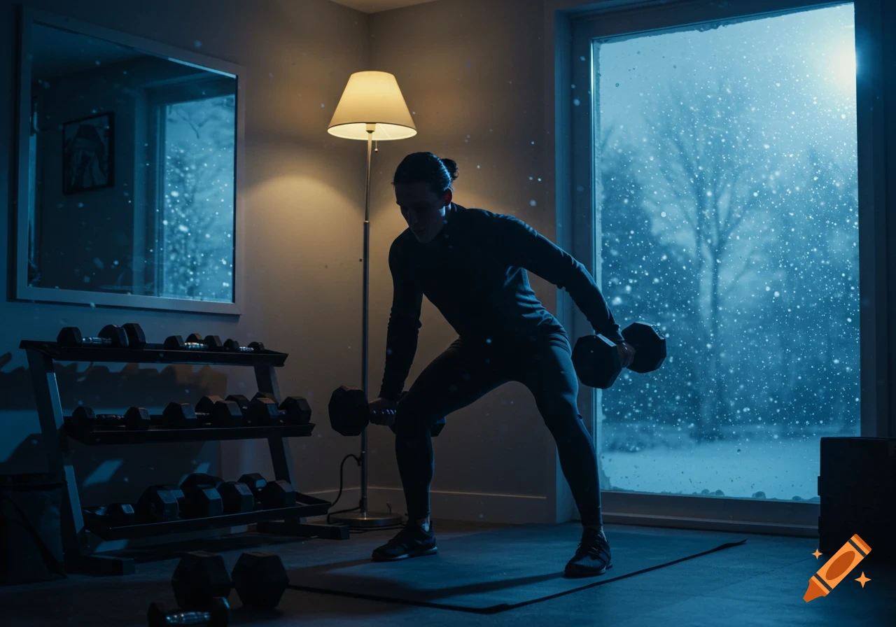 A person in a home gym doing bent-over rows with dumbbells, looking out a snowy window at night, illuminated by a lamp.