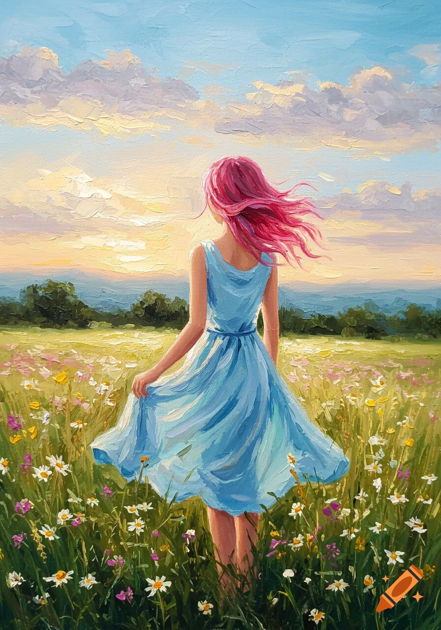 Impressionist painting of a girl with pink hair in a blue dress standing in a wildflower field at sunset.