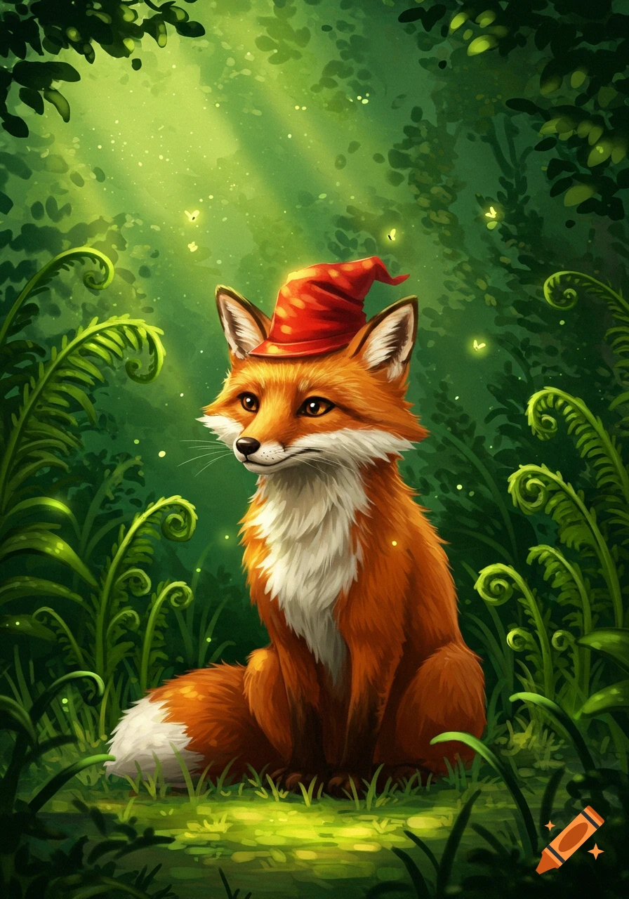 A charming fox in a red pointed hat sits in a vibrant green forest with ferns and glowing lights, digital art.