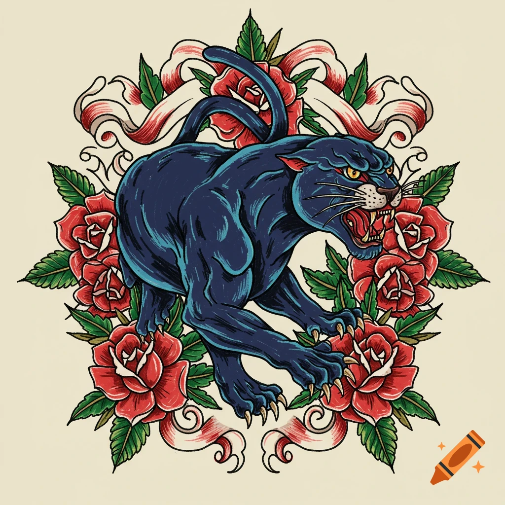An old-school tattoo illustration of an aggressive black panther snarling amidst red roses, green leaves, and decorative ribbons.