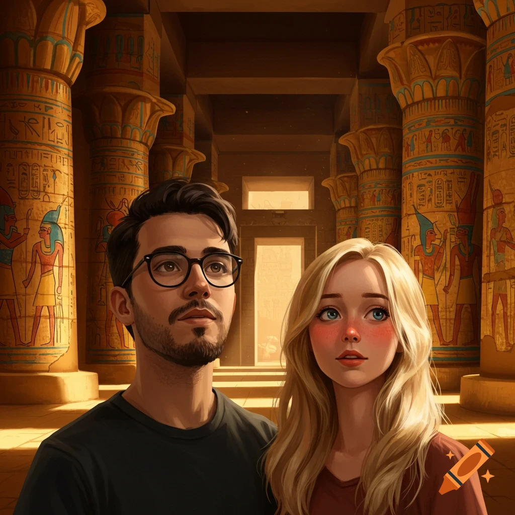 A digital painting of a young man with glasses and a woman with blonde hair, standing in an ancient Egyptian temple.