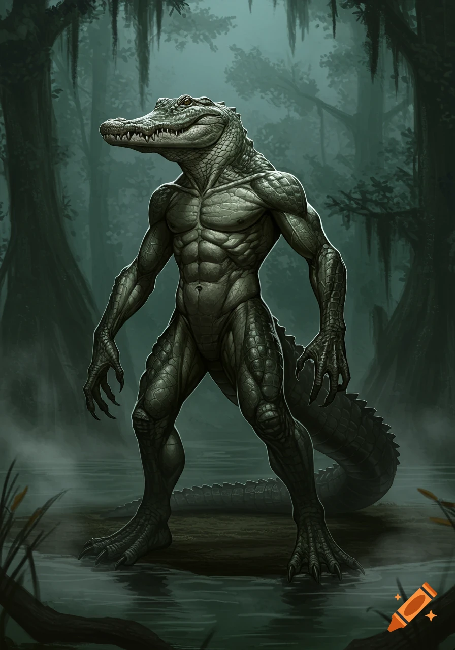 A muscular, scaly humanoid alligator stands in a misty, dark swamp, illustrated in a fantasy style.