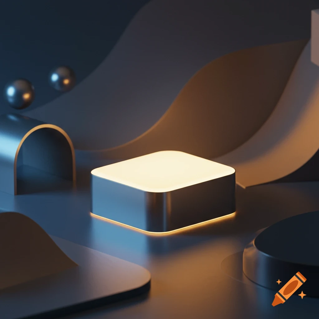 A brightly lit square platform on a dark surface, surrounded by abstract geometric and wavy shapes with metallic and subtle warm glow accents.