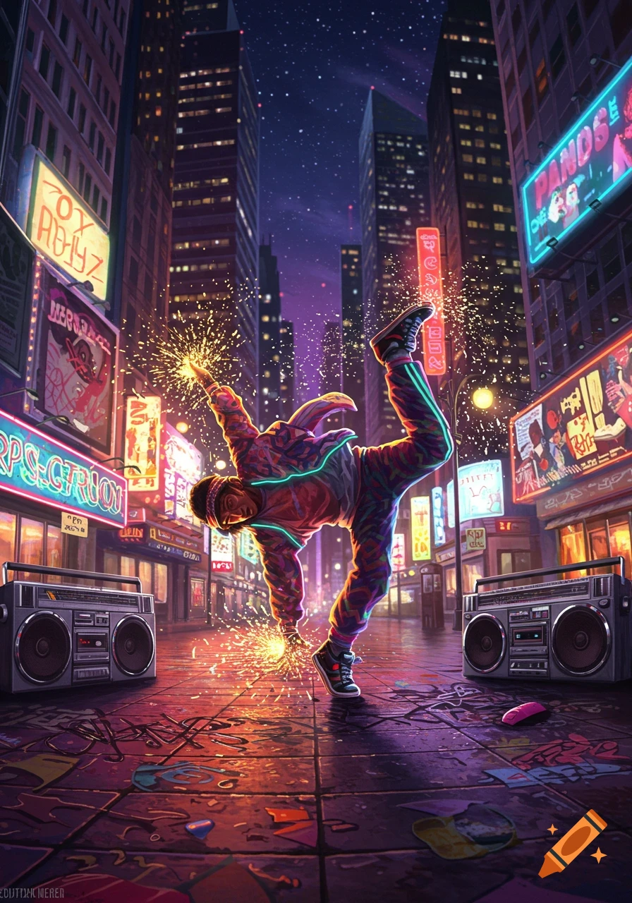 A vibrant, neon-lit illustration of a breakdancer in a city street at night, striking a pose with sparks emanating from their hands, flanked by boomboxes.