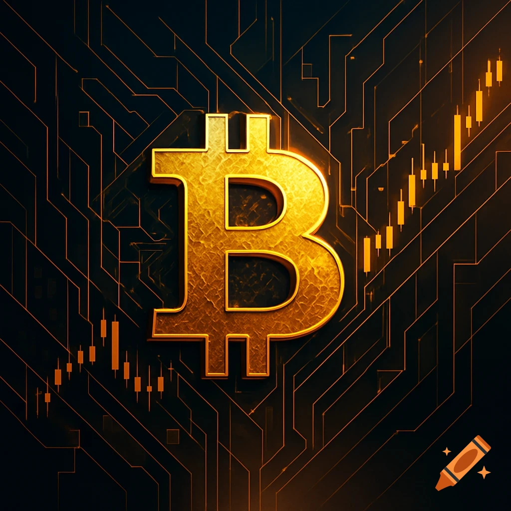 A golden, textured Bitcoin logo centered against a dark circuit board background with glowing orange stock charts.