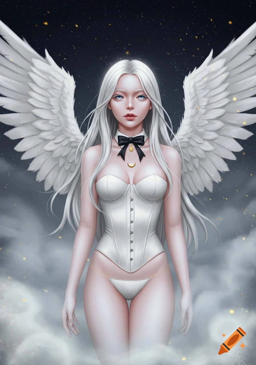 A digital painting of a pale woman with long white hair and large white feathered wings, wearing a white corset and underwear, standing in clouds under a starry sky.