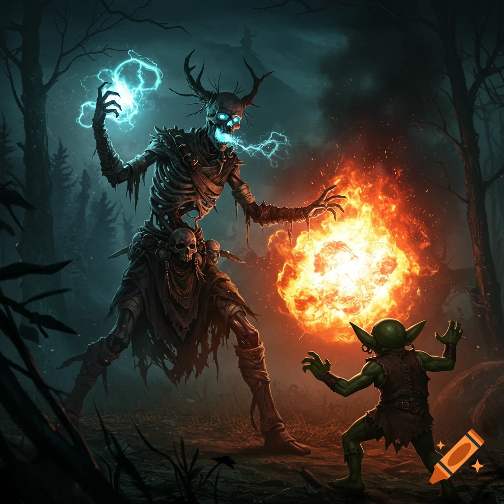 A hyper-realistic dark fantasy image of a skeletal undead shaman casting lightning and fire spells at a terrified goblin in a dark forest.