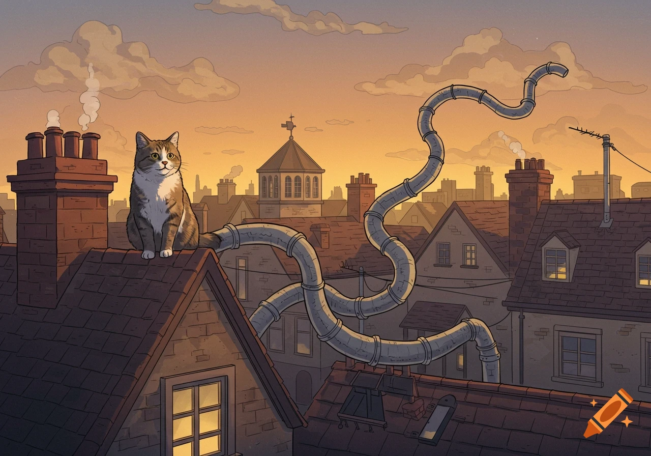A whimsical cartoon shows a tabby cat with an extremely long, pipe-like tail sitting on a rooftop in a cozy urban neighborhood at sunset.