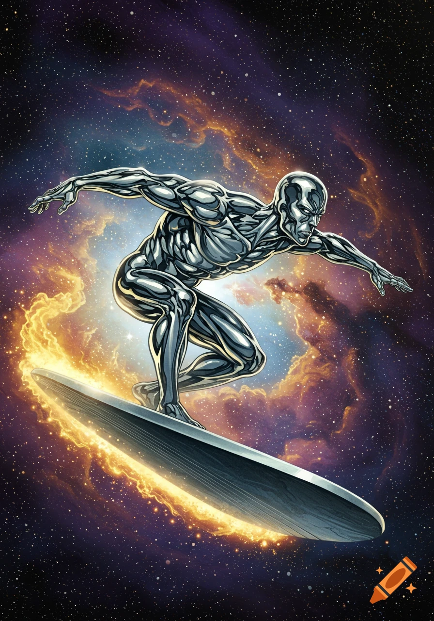 Comic art illustration of Silver Surfer on his board, soaring through a colorful cosmic nebula with stars.